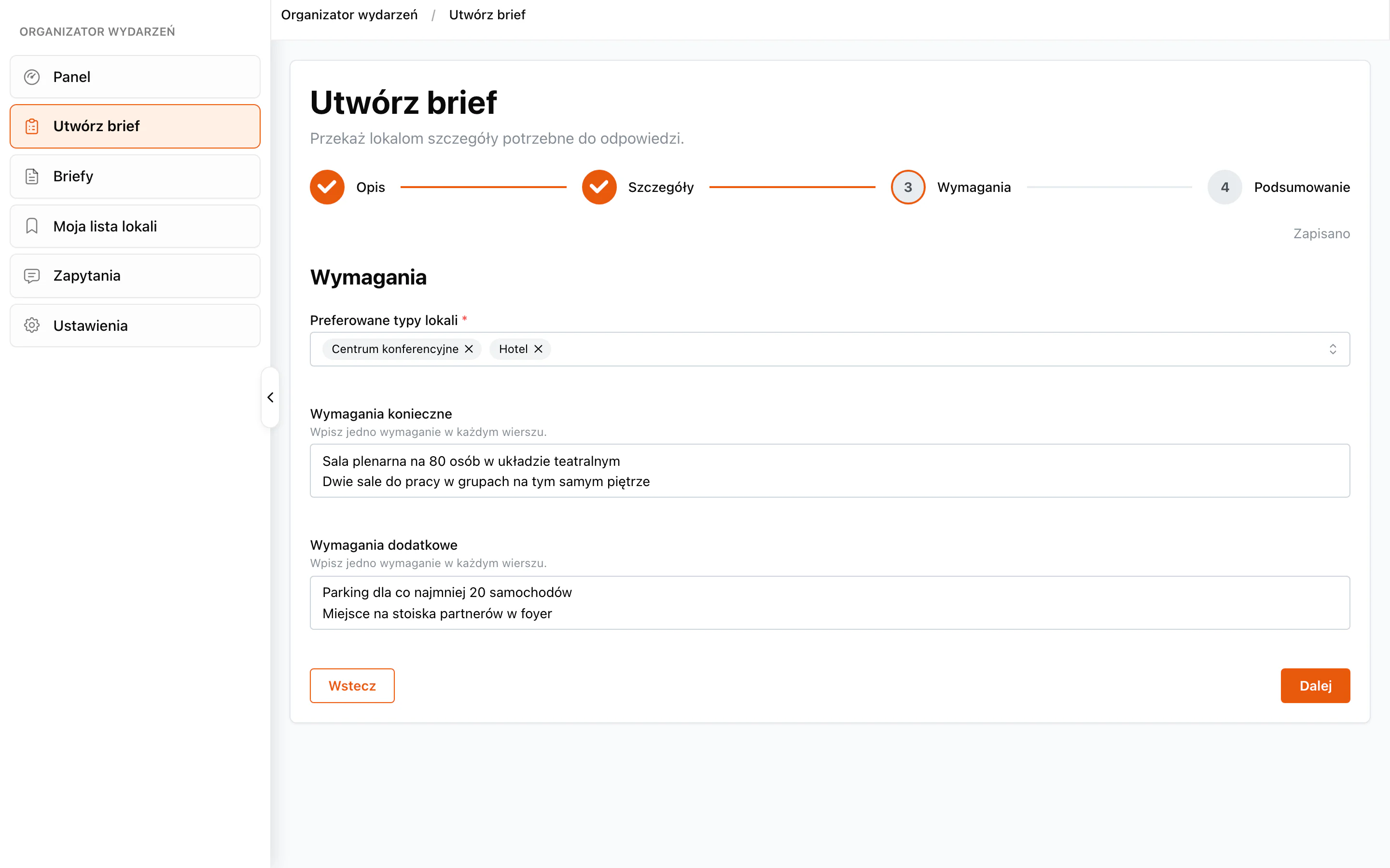 The brief step “Requirements”: two selected venue types plus fields for must-have and nice-to-have requirements.