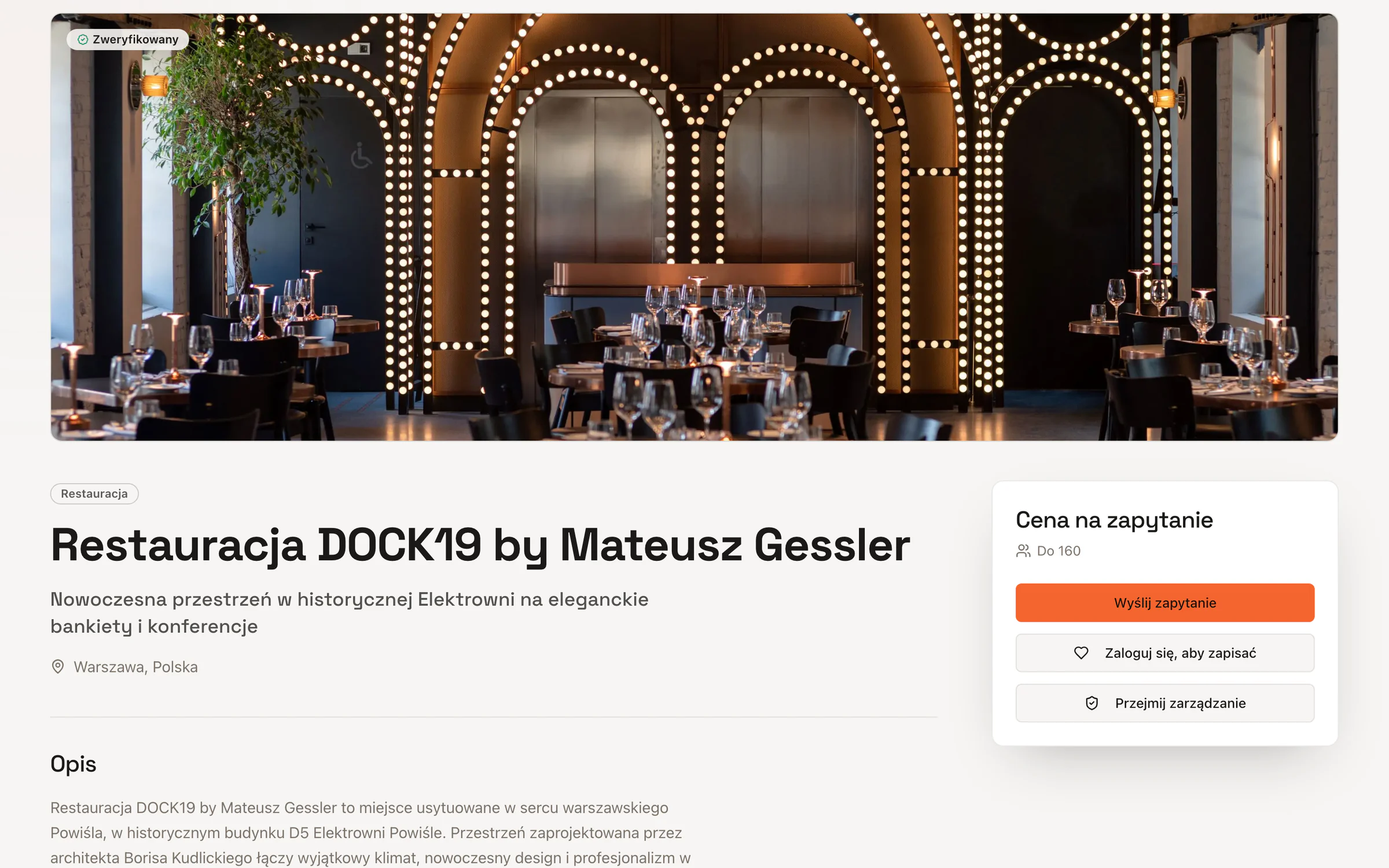 Profil lokalu Restauracja DOCK19: zdjęcie sali w dawnej elektrowni — łuki obrysowane rzędami świecących żarówek nad nakrytymi stołami. Obok karta z pojemnością do 160 gości i przyciskiem „Wyślij zapytanie”.