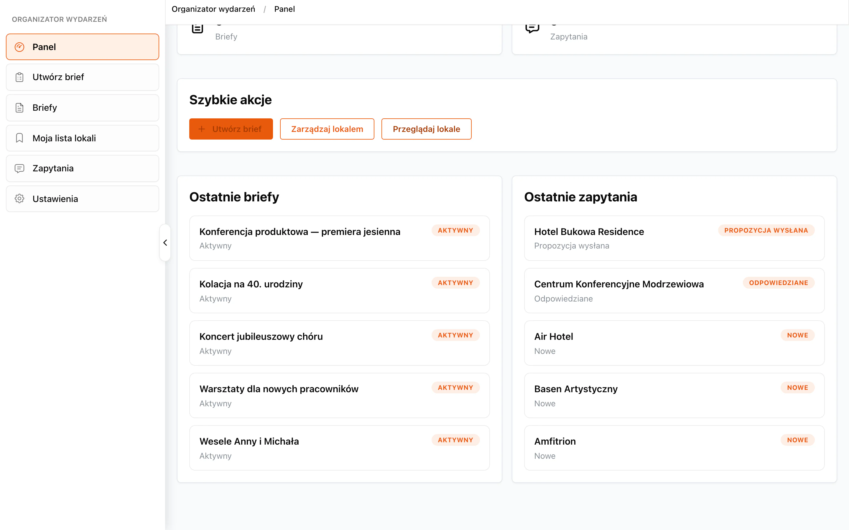 The organizer dashboard: five active briefs beside five inquiries — one with a proposal sent, one answered by the venue and three still unanswered.