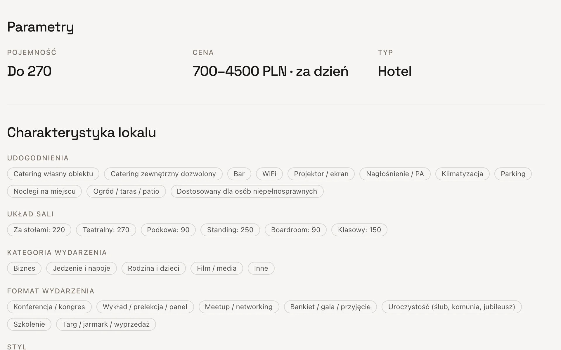 Venue parameters and characteristics: amenities and room capacities in six layouts, from 90 to 270 people.